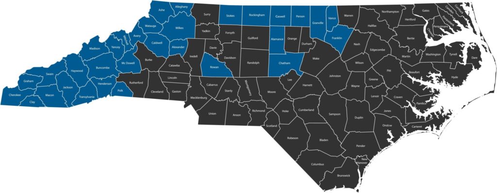 vaya-map Map of North Carolina with the couties vaya provides for in blue.