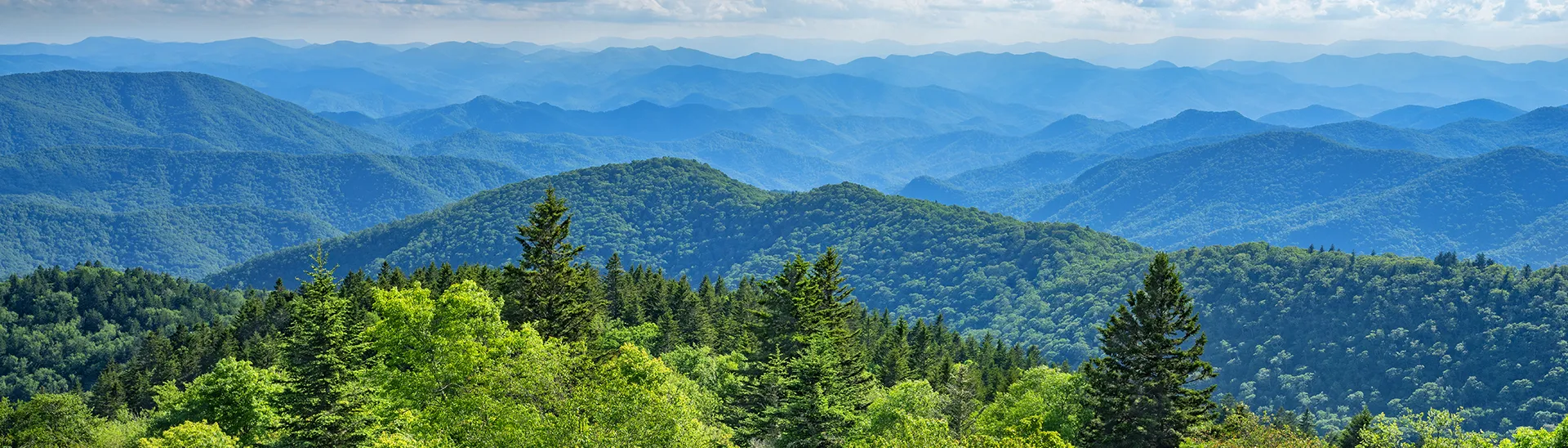 Looking out over a landscape view of the Blue Ridge Mountains in North Carolina.